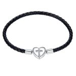 Damenarmband Silber/Leder, Herzverschluss, 17 cm