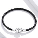 Damenarmband Silber/Leder, Herzverschluss, 17 cm