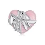 Ezüst charm, szív masnival