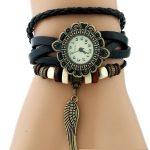  Damenarmbanduhr aus Leder mit Engelsflügeln, schwarz