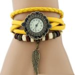  Damenarmbanduhr aus Leder mit Engelsflügeln, gelb