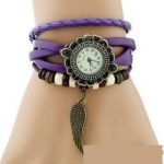  Damenarmbanduhr aus Leder mit Engelsflügeln, lila