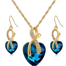   Vergoldetes, herzförmiges Set aus Ohrringen und Halskette, blau