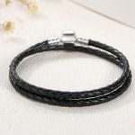 Geflochtenes Armband, Leder, schwarz, mit Silberverschluss, 36 cm