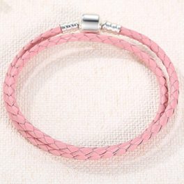   Geflochtenes Armband, Leder, rosa, mit Silberverschluss, 40 cm