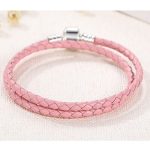 Geflochtenes Armband, Leder, rosa, mit Silberverschluss, 40 cm
