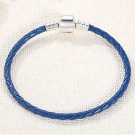   Geflochtenes Armband, Leder, blau, mit Silberverschluss, 18 cm