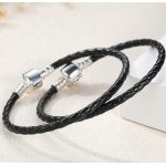 Geflochtenes Armband, Leder, schwarz, mit Silberverschluss, 18 cm
