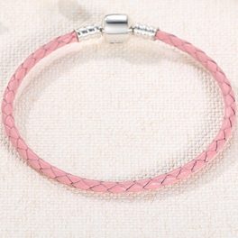   Geflochtenes Armband, Leder, rosa, mit Silberverschluss, 20 cm