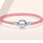 Geflochtenes Armband, Leder, rosa, mit Silberverschluss, 18 cm