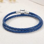 Geflochtenes Armband, Leder, blau, mit Silberverschluss, 40 cm