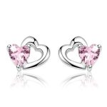 Silberohrringe mit Doppelherz, rosa Kristall