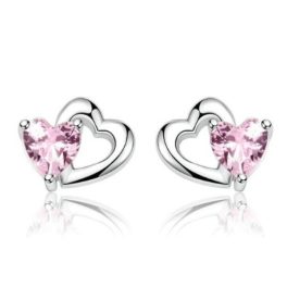 Silberohrringe mit Doppelherz, rosa Kristall