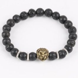  Löwenarmband mit schwarzen Lavasteinperlen, bronzefarben