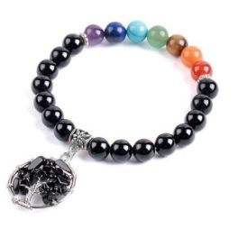    Schwarzes Onyx-Armband mit Lebensbaum-Anhänger und den Farben der 7 Chakren