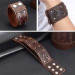 Széles karkötő, bőr, barna, fűzött bőrszalaggal