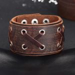 Széles karkötő, bőr, barna, fűzött bőrszalaggal