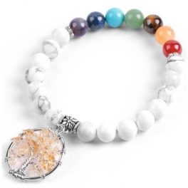    Howlit-Armband in den Farben der 7 Chakren, mit einem Lebensbaum-Anhänger