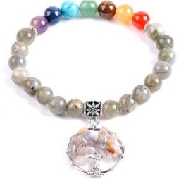    Labradorit-Armband mit Lebensbaum-Anhänger und der Farbe der 7 Chakren