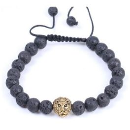  Armband aus schwarzem Lavastein mit Löwenkopf