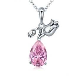   Silberne Halskette mit Tulpenanhänger, verziert mit Kristall, rosa