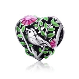 Ezüst charm, szív madárral