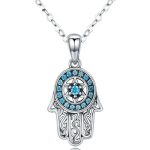 Silberne Halskette mit Hamsa-Anhänger, blauer Kristall