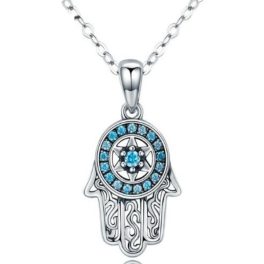 Silberne Halskette mit Hamsa-Anhänger, blauer Kristall