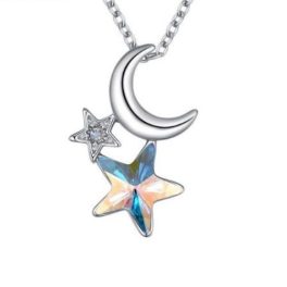   Halskette mit Mond-Stern-Anhänger, verziert mit Swarovski-Kristallen, AB