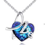Halskette mit Herzanhänger, Aufschrift LOVE, verziert mit Swarovski-Kristallen, blau