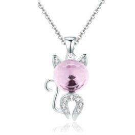 Silberne Halskette mit Katze, rosa Glas