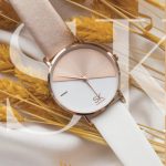 Shengke Damenarmbanduhr, zweifarbig, mit Lederarmband, beige