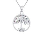 Halskette mit Lebensbaum-Anhänger, farbige Kristalle, silberfarben