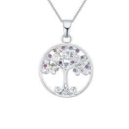   Halskette mit Lebensbaum-Anhänger, farbige Kristalle, silberfarben