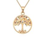 Halskette mit Lebensbaum-Anhänger, farbige Kristalle, Champagnergold