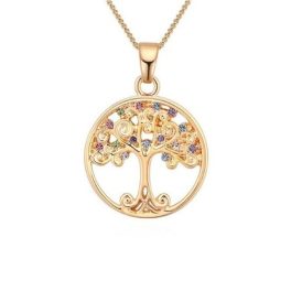   Halskette mit Lebensbaum-Anhänger, farbige Kristalle, Champagnergold