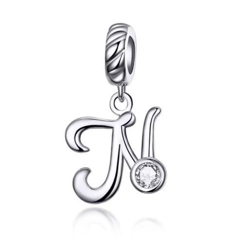 Ezüst charm, N betű cirkónium kristállyal