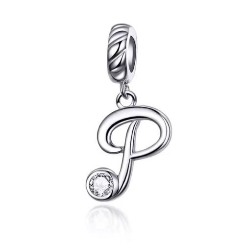 Ezüst charm, P betű cirkónium kristállyal