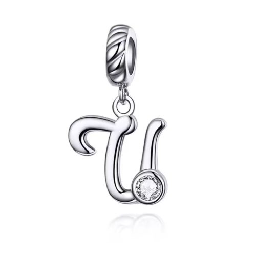 Ezüst charm, U betű cirkónium kristállyal