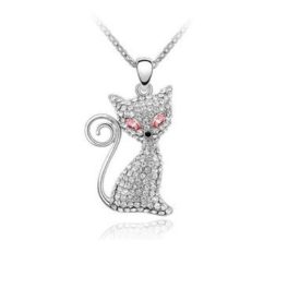 Halskette mit Katzenanhänger mit Swarovski-Steinen, rosa