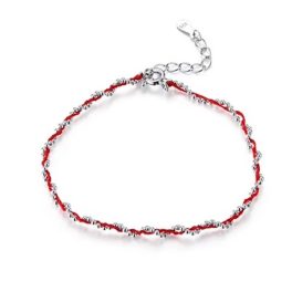 Ezüst karkötő zsinórral, piros