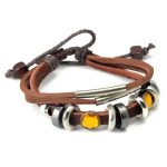 Dreifaches Armband, Leder, braun, mit Metallperlen