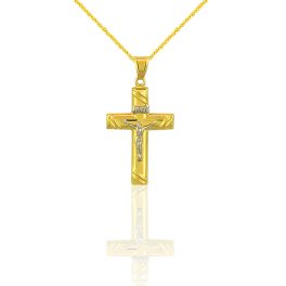   Anhänger aus 14-karätigem Gold mit Kreuz, Weißgoldeinlage und Jesus-Motiv