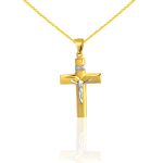 Anhänger aus 14-karätigem Gold mit Kreuz, Weißgoldeinlage und Jesus-Motiv