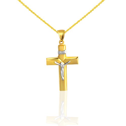Anhänger aus 14-karätigem Gold mit Kreuz, Weißgoldeinlage und Jesus-Motiv
