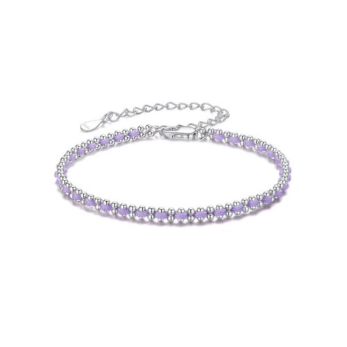 Ezüst karkötő lila zsinórral