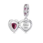 Ezüst charm, kinyitható szív, vörös kristállyal
